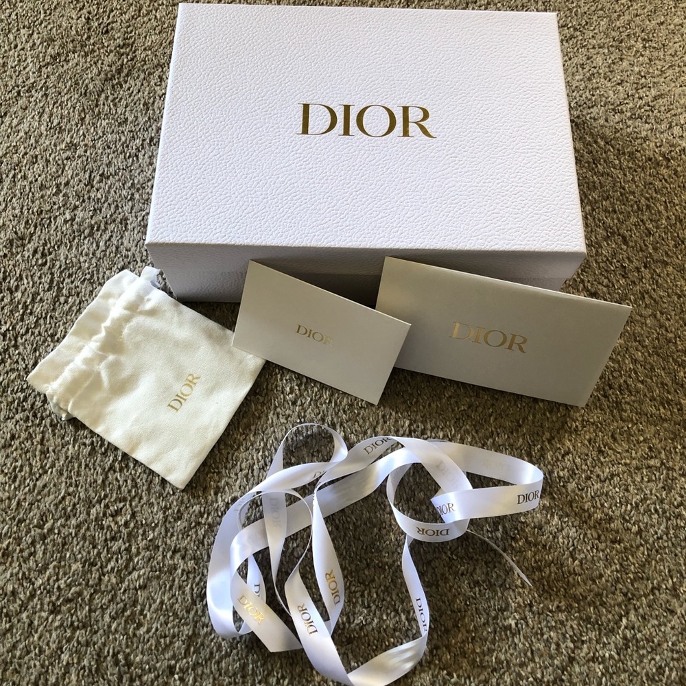 Christian Dior gold & white gift set Large box two envelopes a pouch & ribbon